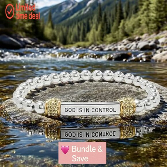 Stainless Steel Stretch Bracelet with Diamond Beads, Inspirational Engraving - Picture 5 of 8